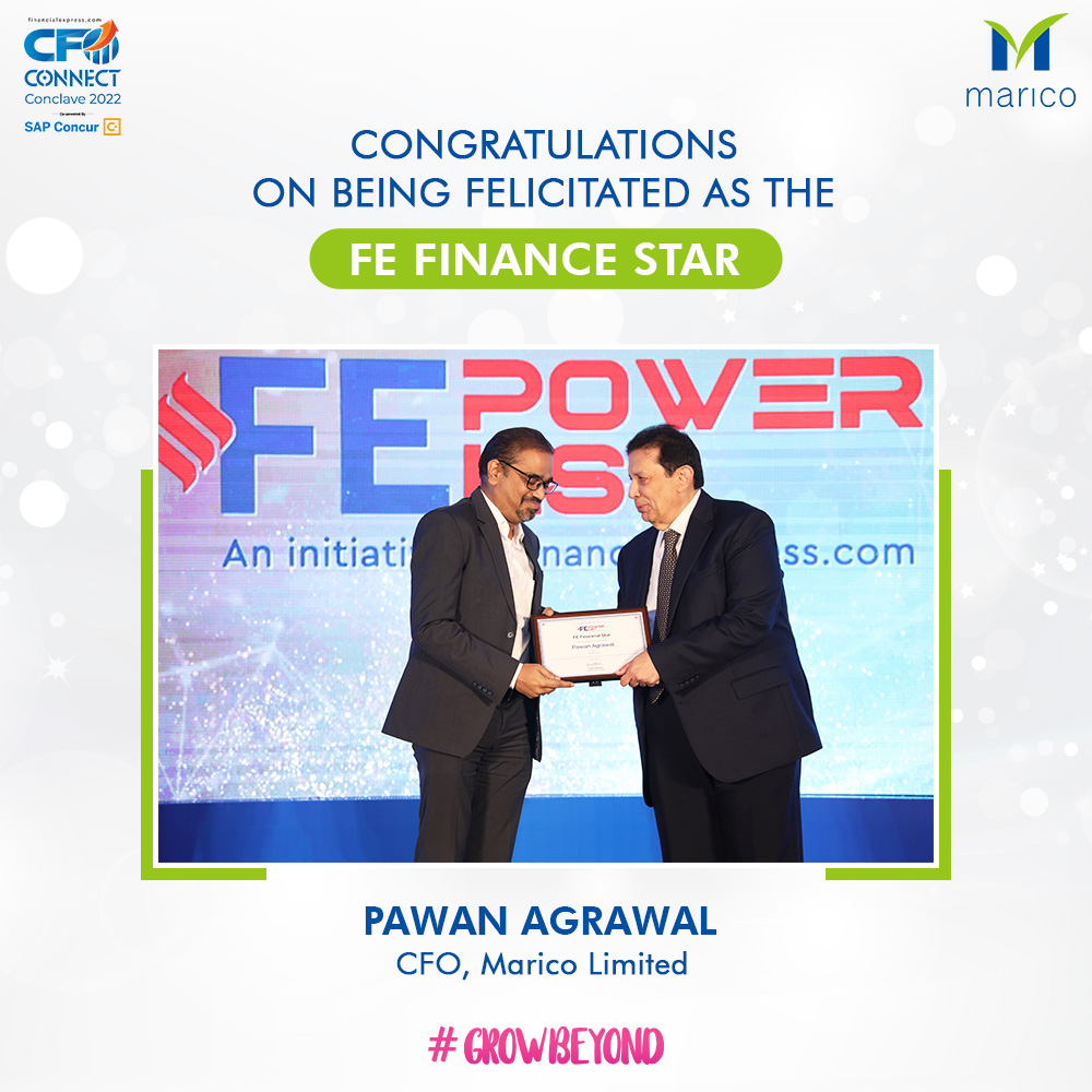 MaricoLimited's tweet photo. We are proud to announce that Pawan Agrawal –CFO, Marico Limited has made it to the prestigious FE Power List of CFO's at @FinancialXpress  #FECFOConclave. Congratulations on being felicitated as the "FE Financial Star" for your valuable contribution to Marico.
#FinanceWithMarico https://t.co/QU3YVxlTCz
