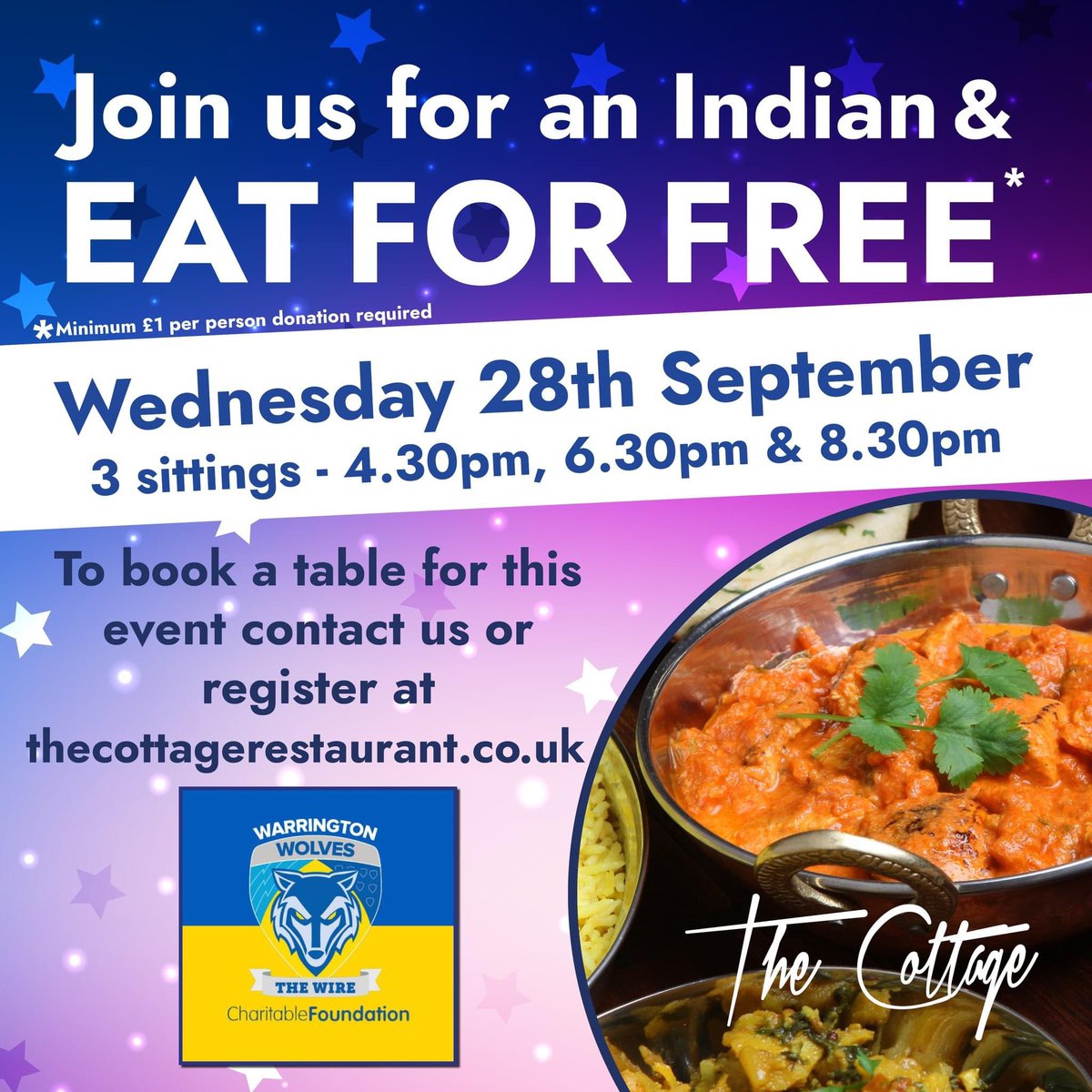 You still have chance to book on the 4.30pm or 8.30pm sessions tomorrow for your FREE meal, courtesy of <a href="/CottageIndian/">The Indian Cottage</a> 

To reserve your table call or WhatsApp 07833523110 or email steph@thecottagerestaurant.co.uk

Happy 20th Birthday <a href="/CottageIndian/">The Indian Cottage</a> and thank you for choosing us!