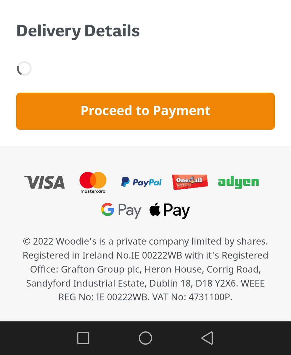 stephenphilipvo's tweet photo. @WoodiesIreland hi I'm trying to order an item online, I enter my address and the 'delivery options' doesn't populate. It just continues to load and won't let me proceed with my order. Any help would be appreciated! Thanks https://t.co/9QJn4mITFn