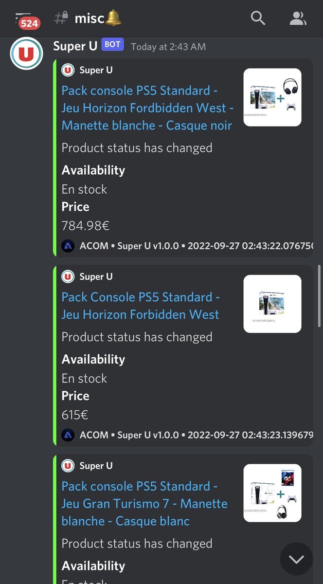 ACOMonitor's tweet photo. Guess who pinged first ? 🔔 
L’équipe nocturne à lavé le stock de #PS5 sur SuperU 🔥

Easy profit pour les membres ACOM.
1x random RT recevra un DM surprise… https://t.co/IGic5VB2CH