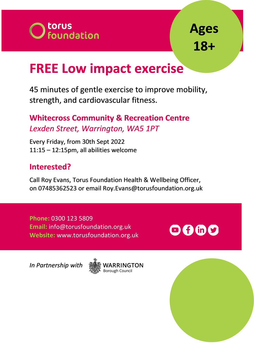 Torus Foundation is offering more free low impact keep fit sessions across Warrington. This one is at White cross community centre on a Friday 11:15 till 12:15. This is very popular in this community but we still have spaces available.<a href="/TorusFoundation/">Torus Foundation</a>