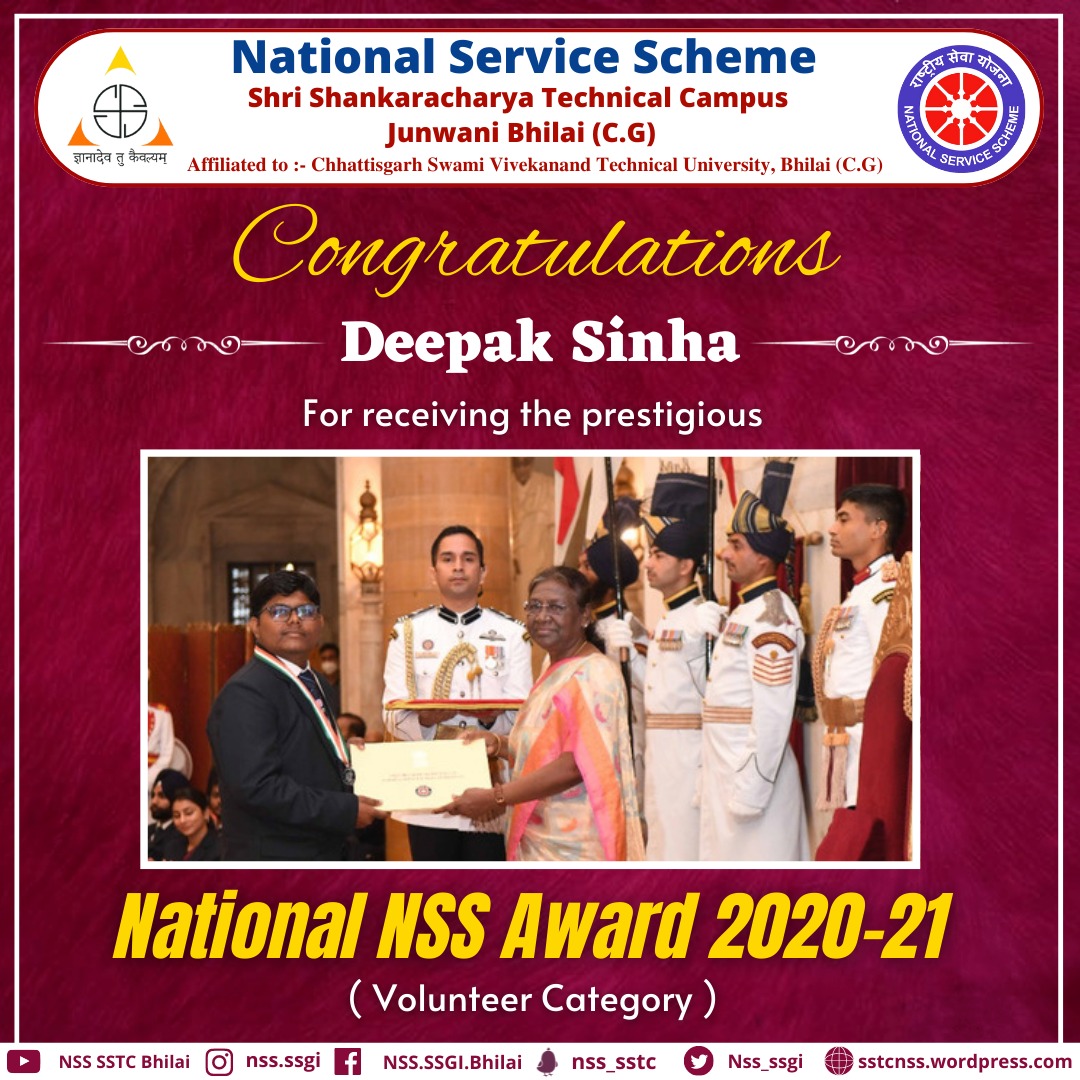 Nss_ssgi's tweet photo. Jai Hind 🇮🇳  

Our Vol Deepak Sinha, student of the B Tech Civil Engrg (2017-21) recieved National @_NSSAwards 2020-21 as the #BestNSSVolunteer by our Hon. President Smt. Draupadi Murmu.

@rashtrapatibhvn
@YASMinistry
@NSSRDBhopal
@askabir_
@SamarendraS21
@dr_dsraghu
@nsscsvtuCG https://t.co/Vk8xN7hOnm