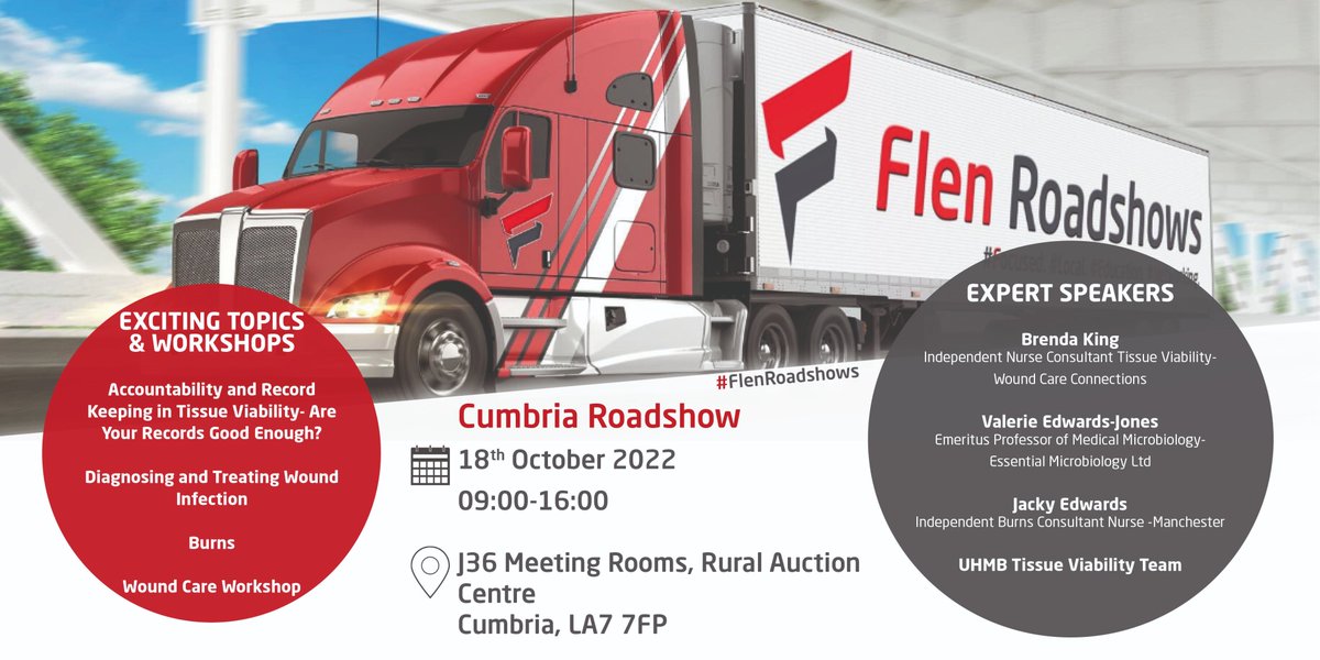 📢📢📢 Our #Cumbria #Roadshow is coming up next month! It will be great day of #Education, Sharing #bestpractice and #Networking! Plus you will get a certificate of attendance to go towards revalidation & CPD! Click here to register wound.flenhealth.com/en-gb/uk_roads…