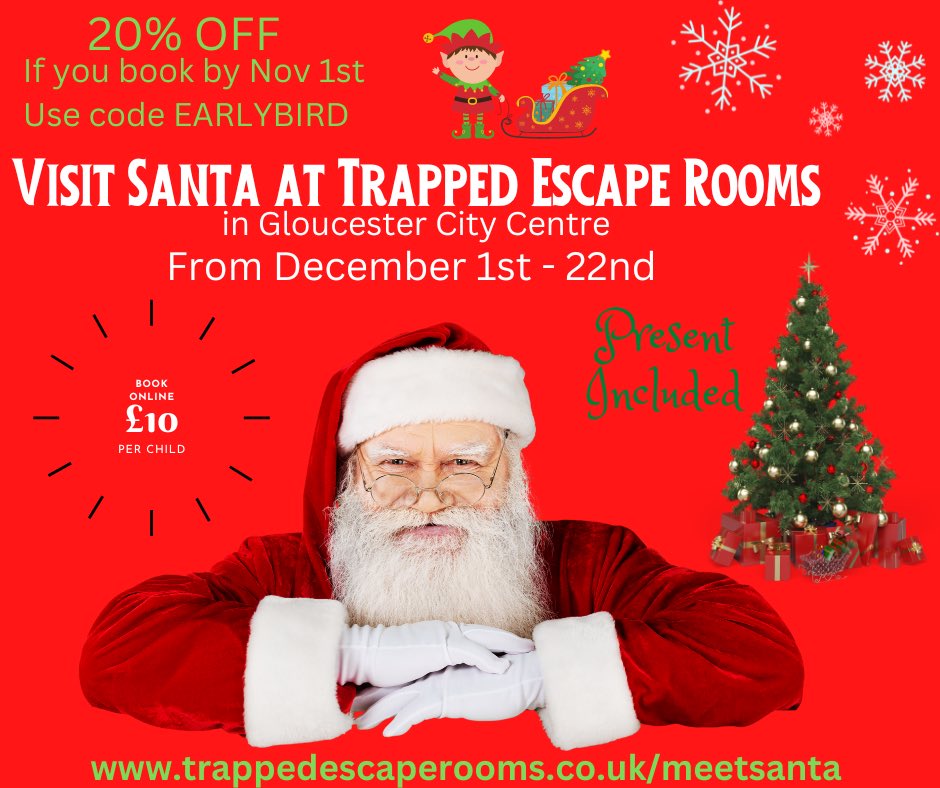 Santa is coming to Trapped with a twist this December. £10 a child. 20% OFF by using code EARLYBIRD. Click the link to find out more: www.trappedescaperooms/meetsanta