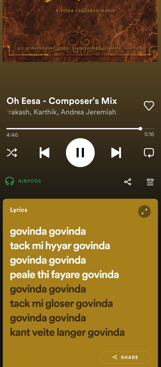 ShareMarketWrks's tweet photo. Wow.. What a lyrics..

Hope #PonniyinSelvan1 songs get proper lyrics at Spotify.. 

#spotify #AayirathilOruvan #OhEesa #funnylyrics #tamil https://t.co/dLMhaoFb0j