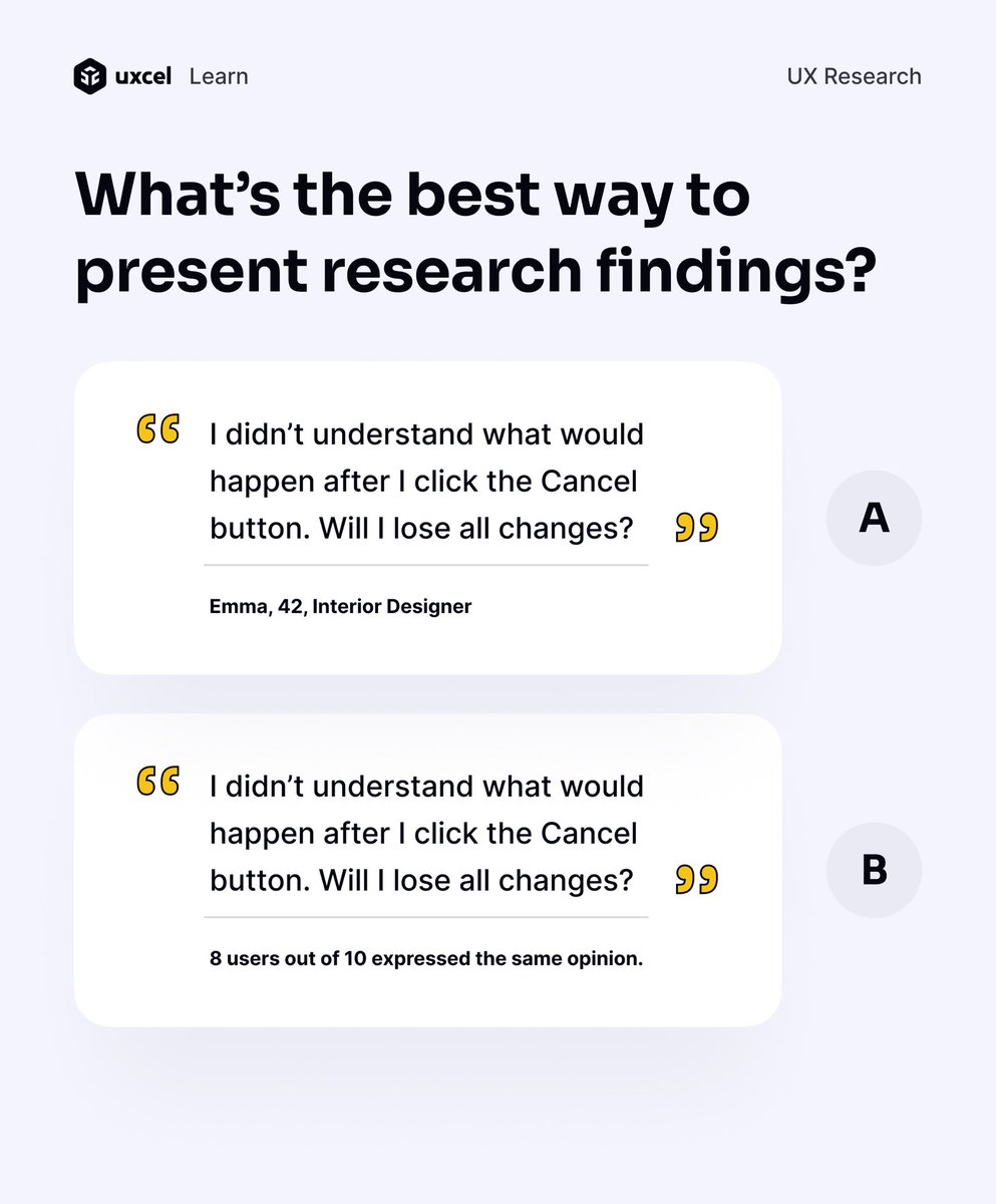 uxcelapp's tweet photo. What's the best way to present research findings?👇
•⁣⁣
•⁣⁣
Uxcel — Where design careers are built 🚀 ⁣⁣
⁣⁣
#uxdaily #learndesign #learnux #uxcel #designsystem #uxuidesign #instaui #uxd #usability #designtips #uxui #uitrends #interactiondesign #bootstrap #uitrends #ux https://t.co/5K60EBQpUC