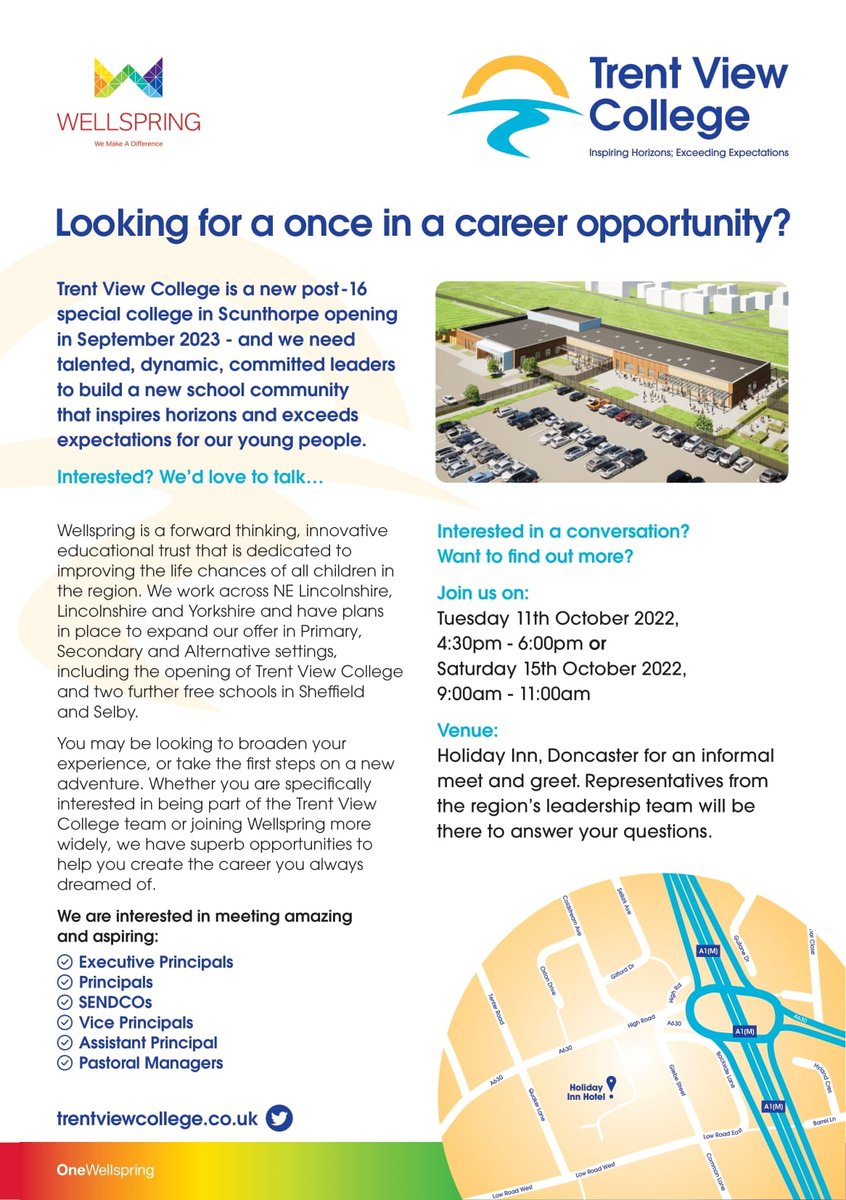 Ready for a career opportunity of a lifetime? We need incredible education leaders to head up our new post 16 free school. We're also looking for talented leaders to work across Wellspring. Interested? Come to our info events. Register your interest here.. bit.ly/3C88GN5