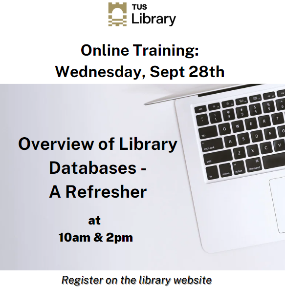 TUS_LibraryMW's tweet photo. There are still spaces left on Wednesday's Library Database Refresher sessions. Book your place at the following link: https://t.co/Agg81AdTT2 
#librarydatabases #onlineclasses https://t.co/7S8zvZZA94