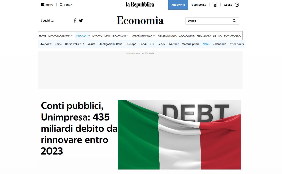 🗞️ Unimpresa su La Repubblica it – Conti pubblici, Unimpresa: 435 miliardi debito da rinnovare entro 2023 https://t.co/cp5pFFXKOp #contipubblici #debitopubblico #Unimpresa