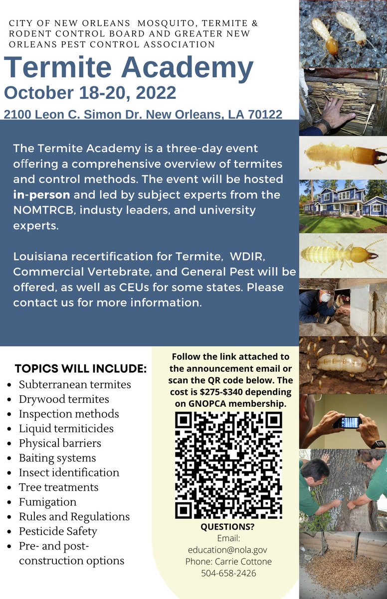 Spots are filling up fast!  If you would more information or would like to register for our Annual Termite Academy, please email us at education@nola.gov. #Termites