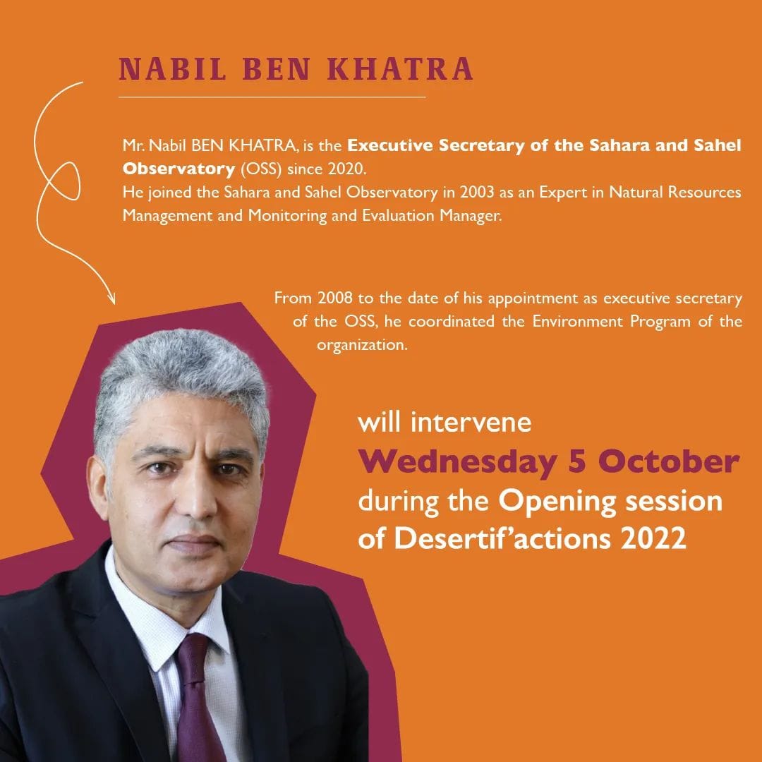 See you on October 5, in #Montpellier, for the launch of the #desertification summit. Follow the <a href="/NabilBenKhatra/">Nabil ben khatra</a> lecture during the opening session.
To find out more, stay tuned and keep connected to our social networks.
#montpellier
#oss30years
#SDGs 
<a href="/DesertifActions/">Désertif'actions</a> 2022