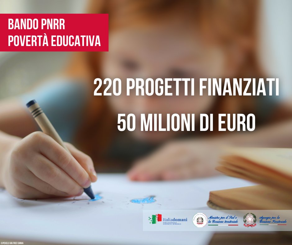 🇪🇺🇮🇹 220 progetti del #TerzoSettore ottengono 50 milioni di euro del #PNRR per combattere la povertà educativa al #Sud.
📌 Un nuovo bando sarà pubblicato entro l'autunno.
Leggi l'elenco dei progetti finanziati e a cosa serviranno 👉 bit.ly/3xY7DxH