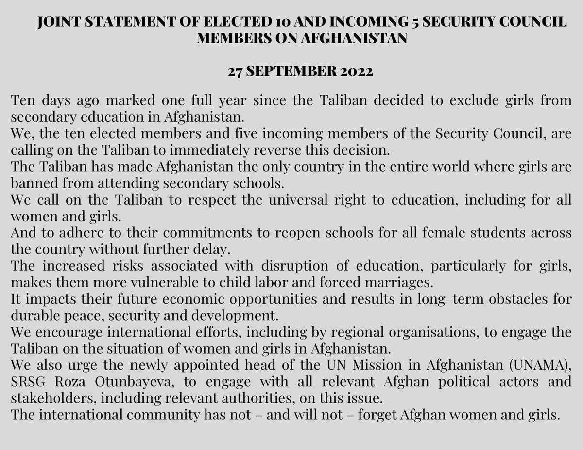 The elected 🔟 & incoming 5⃣ #SecurityCouncil members called on the Taliban to immediately reverse the decision to exclude girls from secondary education in #Afghanistan. The international community has not – and will not – forget Afghan #women and #girls. Joint statement👇
