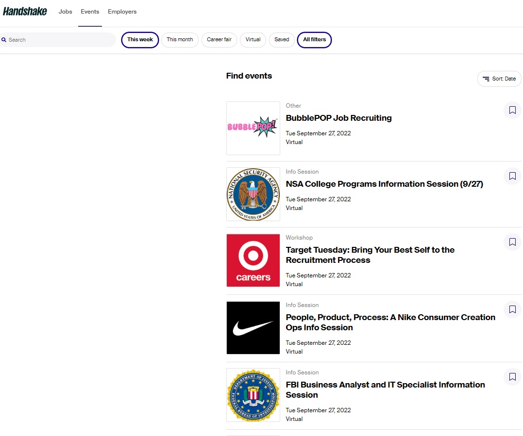 EricSHilden's tweet photo. Handshake virtual events TODAY - 9/27; BubblePop, NSA, Target, Nike, FBI. Students, log-in &amp; rsvp now. @SaddlebackColl https://t.co/AQMyGBMmTP https://t.co/Z4lFYePDKv