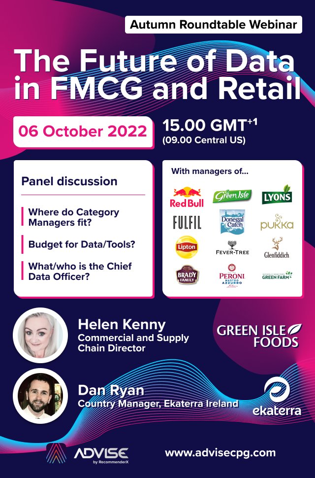 RecommenderX's tweet image. We are delighted to be joined by Helen Kenny of Green Isle Foods and Dan Ryan of ekaterra for our webinar 2025- The future of DATA in FMCG and Retail.

Register now: us06web.zoom.us/webinar/regist…