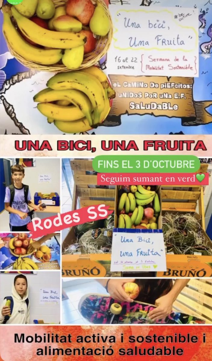 A l’IES Serra d’Irta seguim amb la campanya “Una bici, una fruita” en la que participa tota la Comunitat Educativa.

Fins al 3 d’octubre, seguim sumant en verd💚 amb rodes saludables i sostenibles i fruita. 

#BeActive #SemanaEuropeaDelDeporte #ESW 
#movilidadsostenible