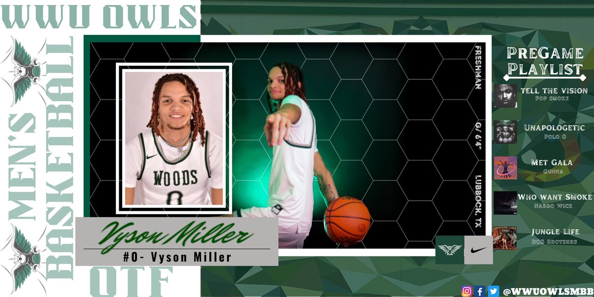 William Woods Men's Basketball (@wwuowlsmbb) on Twitter photo Get to know your Owls this year! 
Starting off we have a new face. He’s a 6’4”- Guard/Wing from  Lubbock, TX, please help us welcome Vyson Miller <a href="/VysonM/">Vyson Miller</a> 
Vyson played at Monterey HS during the academic year and I Am 3 during the travel season! 
#JustUs #OTF #AllDay #WeWork #Owls Get to know your Owls this year! 
Starting off we have a new face. He’s a 6’4”- Guard/Wing from  Lubbock, TX, please help us welcome Vyson Miller <a href="/VysonM/">Vyson Miller</a> 
Vyson played at Monterey HS during the academic year and I Am 3 during the travel season! 
#JustUs #OTF #AllDay #WeWork #Owls