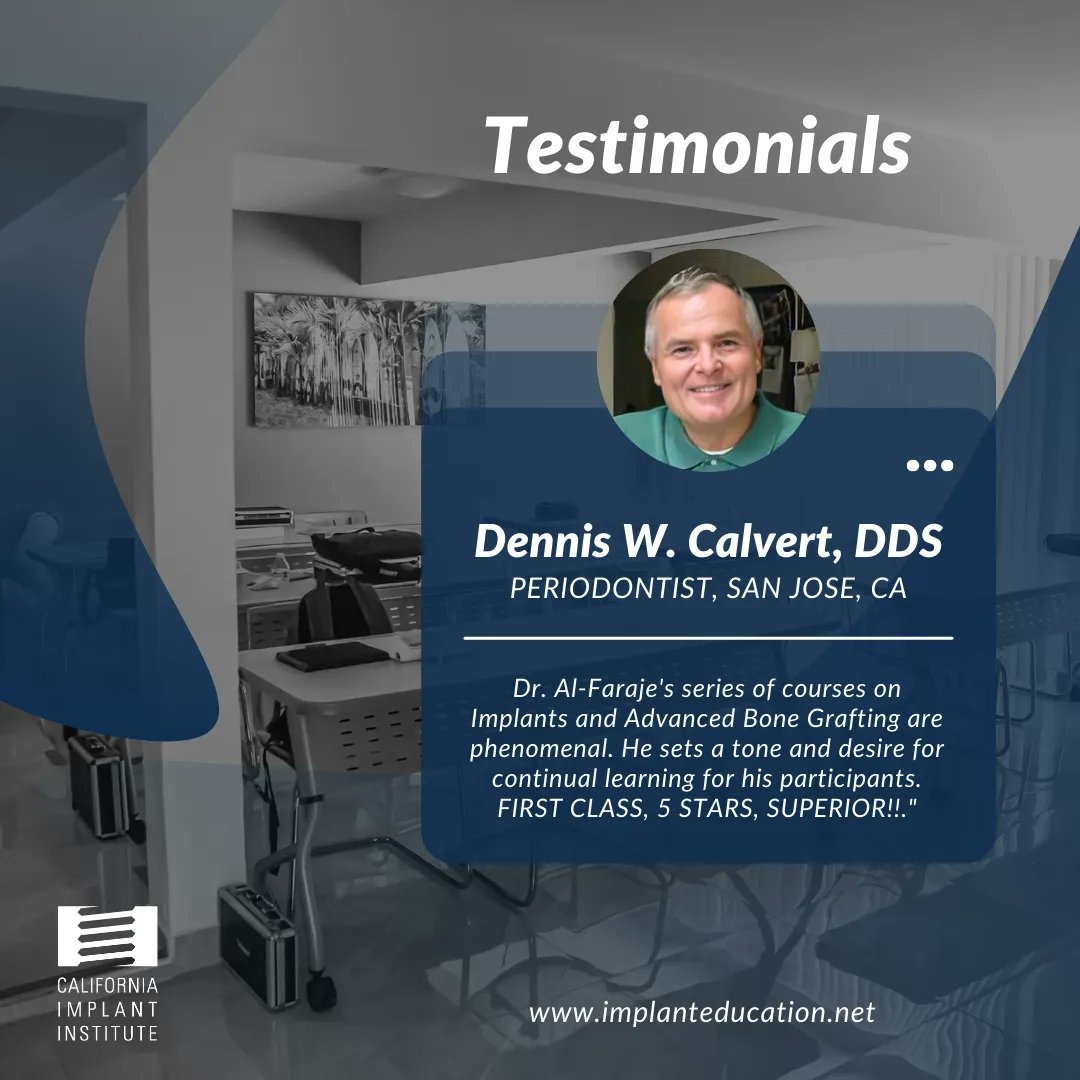caimplantInst's tweet photo. See what Dennis W. Calvert has to say about California Implant Institute!

Please browse our current course offerings and feel free to contact us at: 858.496.0574 or info@implanteducation.net https://t.co/0AXEYxrkwr

#CAImplantInstitute #DrLouieAlFaraje #ImplantEducation https://t.co/z7Ce8btN0y