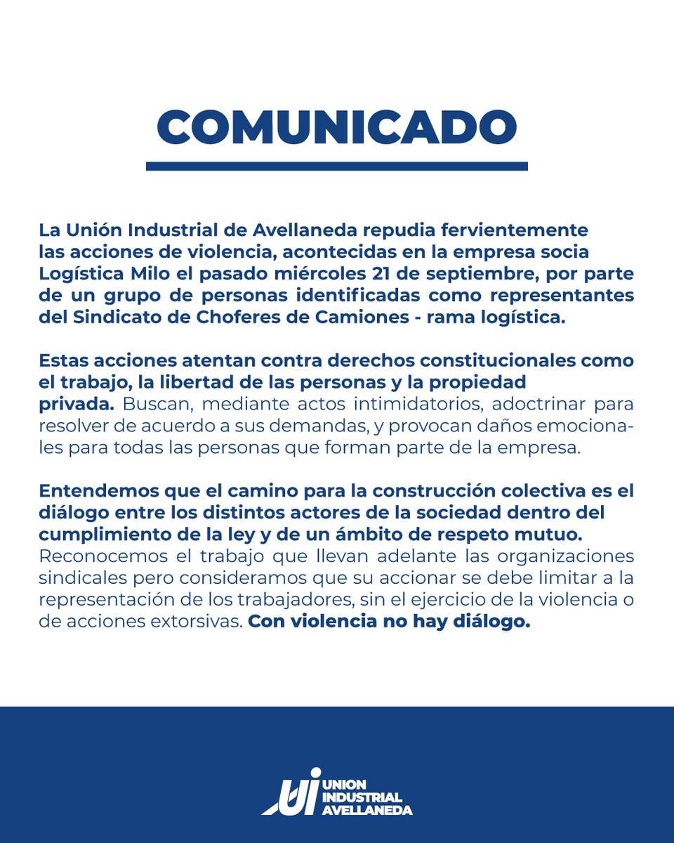 Uiavellaneda's tweet photo. 📌 COMUNICADO

Repudiamos fervientemente las acciones de violencia, acontecidas en la empresa socia Logística Milo el pasado miércoles 21 de septiembre, por parte de un grupo de personas identificadas como representantes del Sindicato de Choferes de Camiones - rama logística 👇 https://t.co/wEVvQGbkzL