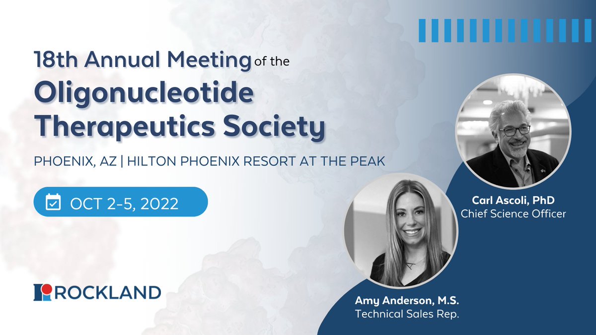 Rockland_Inc's tweet photo. We're thrilled to send Carl Ascoli, PhD and Amy Anderson, M.S. to represent Rockland at the 18th Annual Meeting of the Oligonucleotide Therapeutics Society to launch our ModDetect™ Anti-PS Antibody.
@OTSociety #Antips #ASO https://t.co/6z8ZuMwWmz