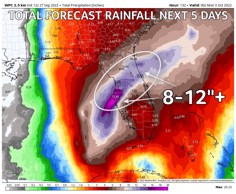 On Wednesday, the risk for tornadoes and flooding rains lifts north into Central Florida as the center of Hurricane Ian approaches western Florida. Landfall is expected near Tampa, FL late Wed PM into Thu AM as Hurricane Ian slows to a forward speed of less than 5 MPH.