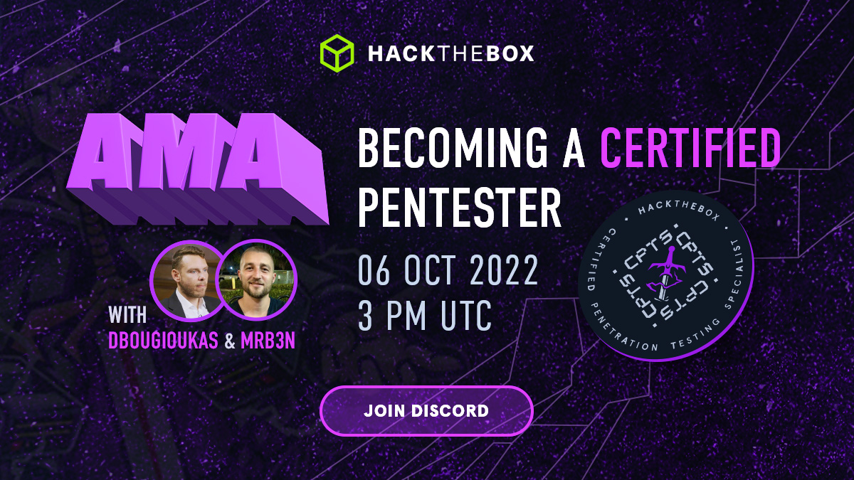What's best than discussing directly with the #HTBAcademy team and creators of our new cert?
🎙️ Join us on the upcoming #AMA with <a href="/DBougioukas/">Dimitrios Bougioukas</a> &amp; <a href="/mrb3n813/">Ben R</a>: they will reply to all your questions about becoming a #pentester with #CPTS!
#Pentesting #PenetrationTesting #CyberSecurity