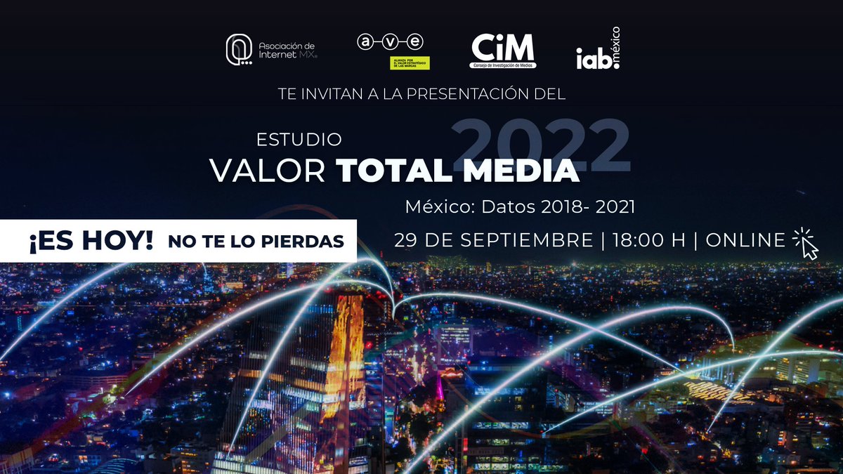 IABMexico's tweet photo. Hoy conoceremos los indicadores más relevantes para la industria publicitaria en México con la presentación de la tercera edición del Estudio de Valor Total Media 📝

¿Ya te registraste? ➡️ https://t.co/TnoMpXHOOj

📌 29 de septiembre
🕜 18:00 h

#IABeliever #Internet #digital https://t.co/JKAniL5zYS