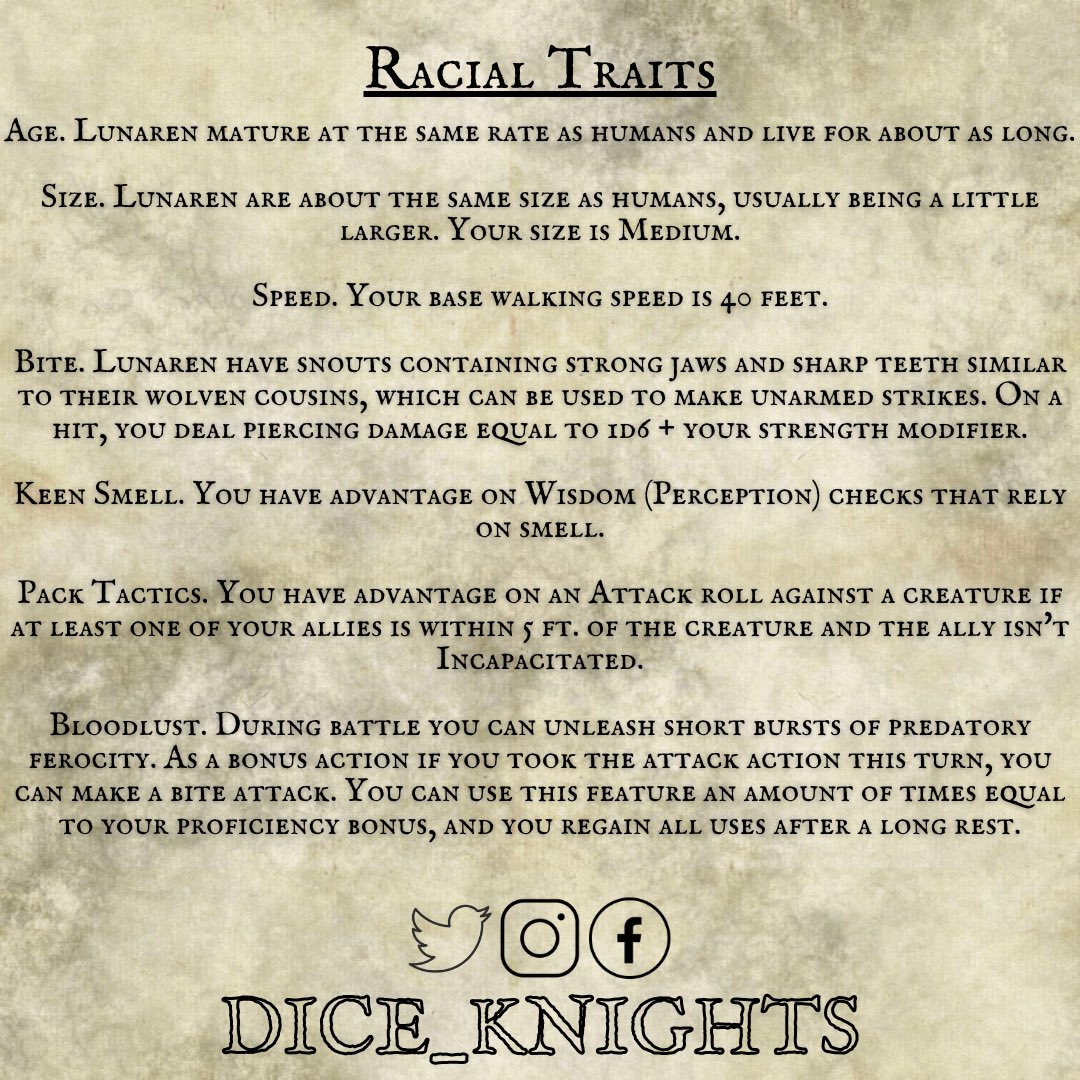 skry_games's tweet photo. Made this wolf race recently, and as with all my creations, feel free to incorporate it into your games! #dnd #dungeonsanddragons #wotc #homebrew #ttrpg #wolf https://t.co/wLRjiWLkaJ