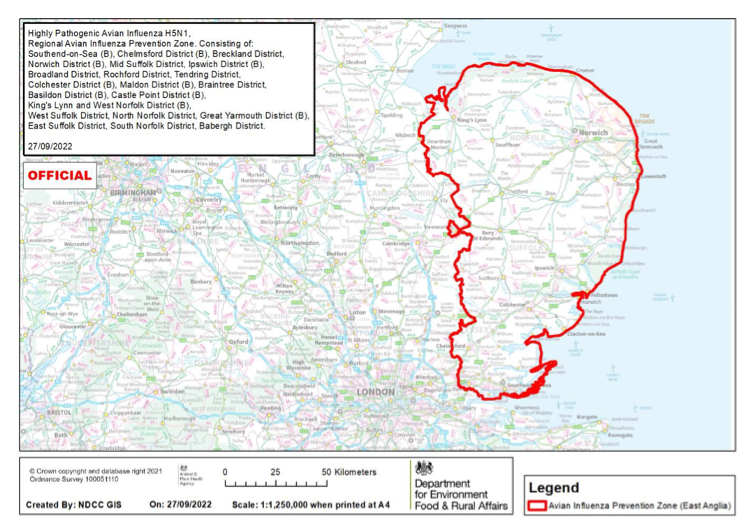 BFREPA's tweet photo. Defra has declared a regional AIPZ, with mandatory enhanced biosecurity requirements, across much of East Anglia. The AIPZ area is shown in the map below. 

Visit https://t.co/pLY9lmgbQY for information and advice on dealing with an AI outbreak. https://t.co/6mLlgmRes5
