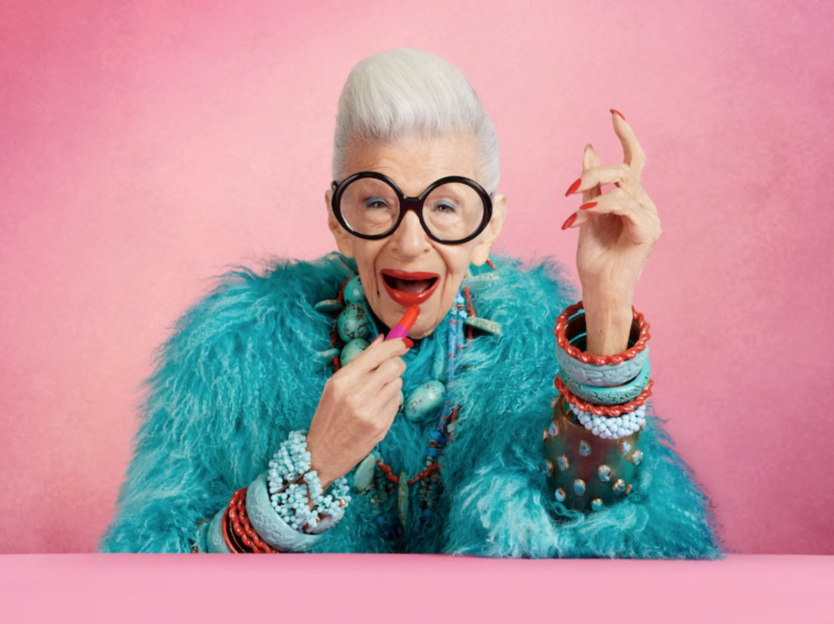 I love to see that Ciaté London has partnered with New York fashion legend Iris Apfel on an eight-piece makeup collection in the U.K. She's done a lipstick in 3 shades, two eyeshadow palettes and a nail wrap. So stylish and fun!