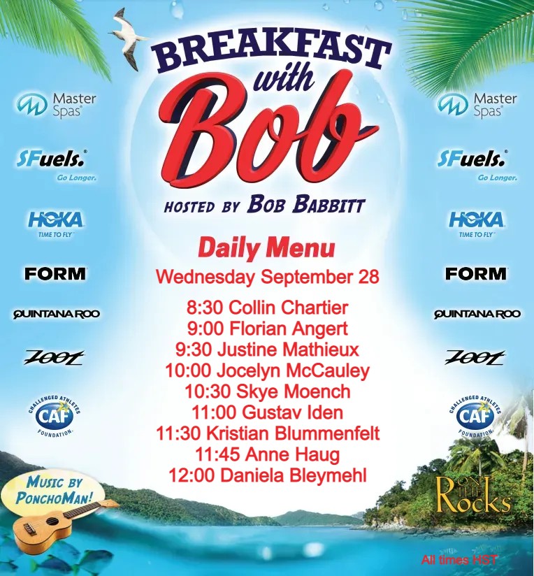How it ended........How it's starting.
After 1080 days, we're back, baby! Breakfast with Bob FROM KONA kicks off tomorrow! In Kona? Come on by <a href="/huggosontherock/">Huggo's on the Rocks</a>. Or watch on Babbittville YouTube. 6 days of pre-race interviews plus Championship Edition on October 9th.