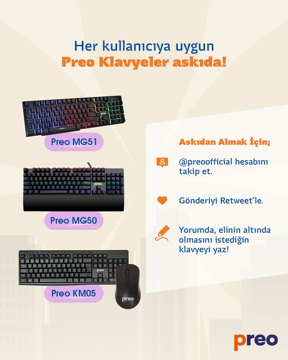askidanevar's tweet photo. Elinin altında bulunsun! Dilediğin özellikte Preo klavyeler askıda! Bu tweeti RT'leyen, @preoofficial hesabını takip eden ve istediği klavye modelini yanıt olarak yazan 3 üniversiteliye hediye! https://t.co/vouAEGJ6Qy