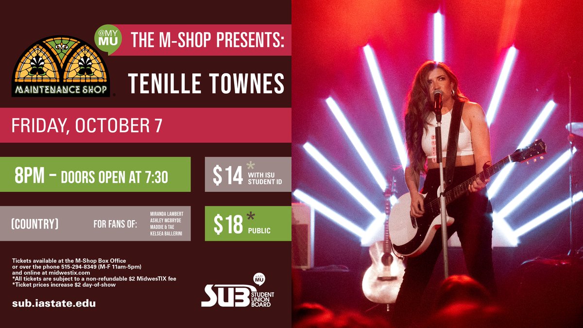 Country fans! @TenilleTownes performs in the M-Shop next Friday, October 7. Get your tickets now: tickets.midwestix.com/event/tenillet…