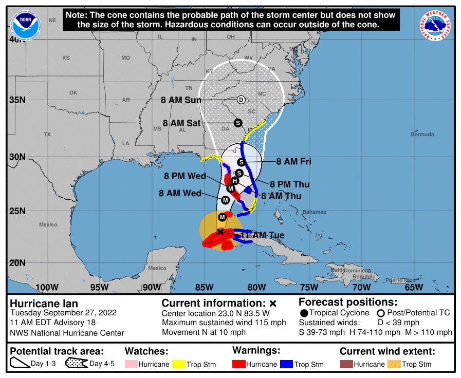 11am #ian advisory. PBC and the TC now in a tropical storm warning. Also have a flood watch and tornado watch. #Weather picks up through the day today, tonight, and tomorrow, then becomes scattered Thursday with a big improvement for the weekend #florida #southfl #soflo