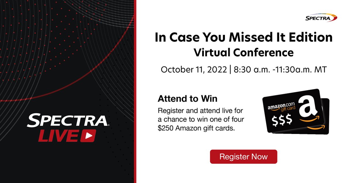 StarrFiles's tweet photo. Register for the #SpectraLIVEICYMI virtual conference and attend live for a chance to win one of four $250 Amazon gift cards! We'll touch on top trends from industry events and cover what you would have heard from Spectra onsite. https://t.co/YeAegd7TFr #SpectraShows https://t.co/0jcoTCP3ws