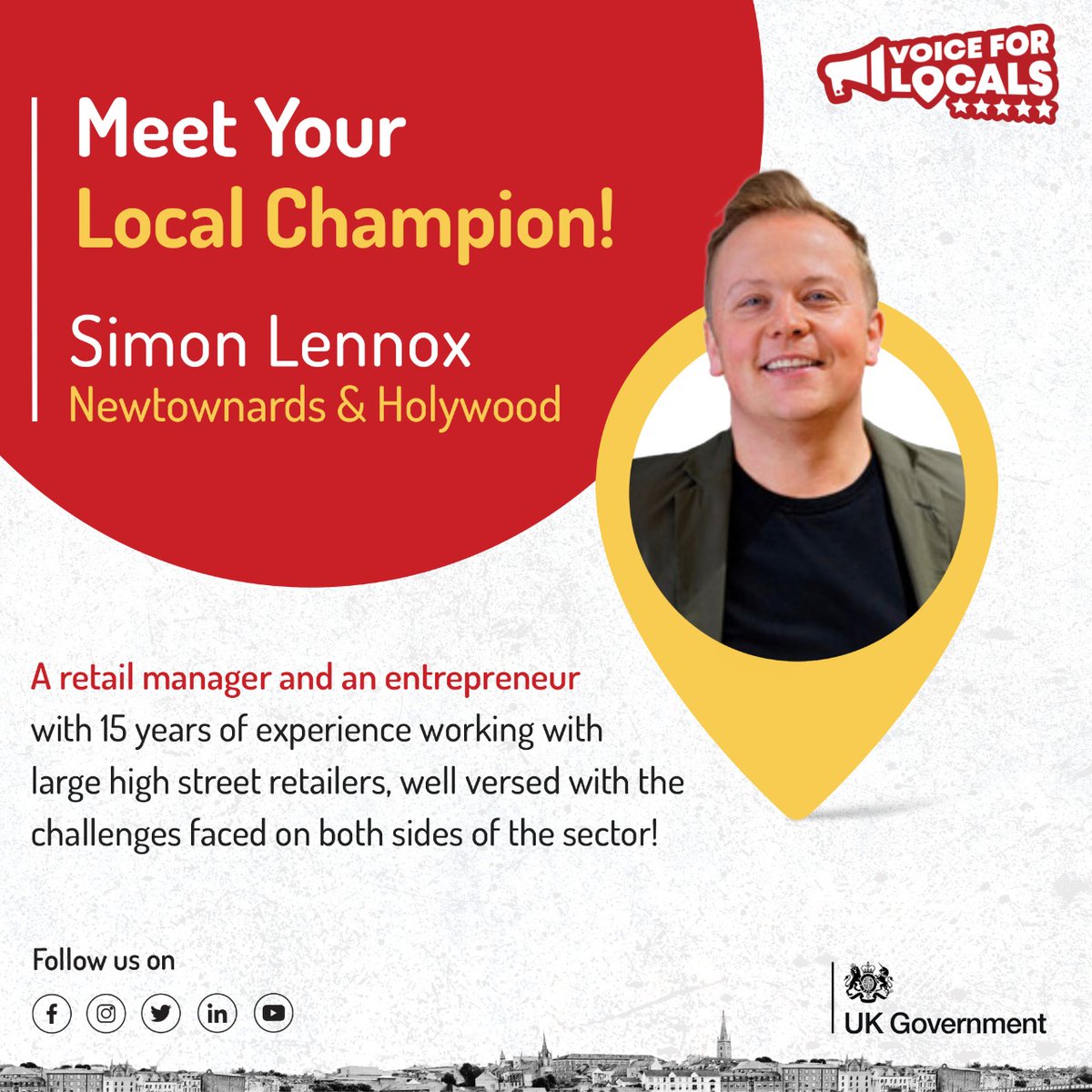 Newtownards and Holywood!
It's time to meet your #LocalChampion. Meet <a href="/SimonTLennox/">Simon Lennox</a>, a retail manager &amp; entrepreneur who has experience with starting two businesses from scratch.
Click on the link below to meet with Simon.
bit.ly/3xTr7n5

#UKCOMMUNITYRENEWALFUND