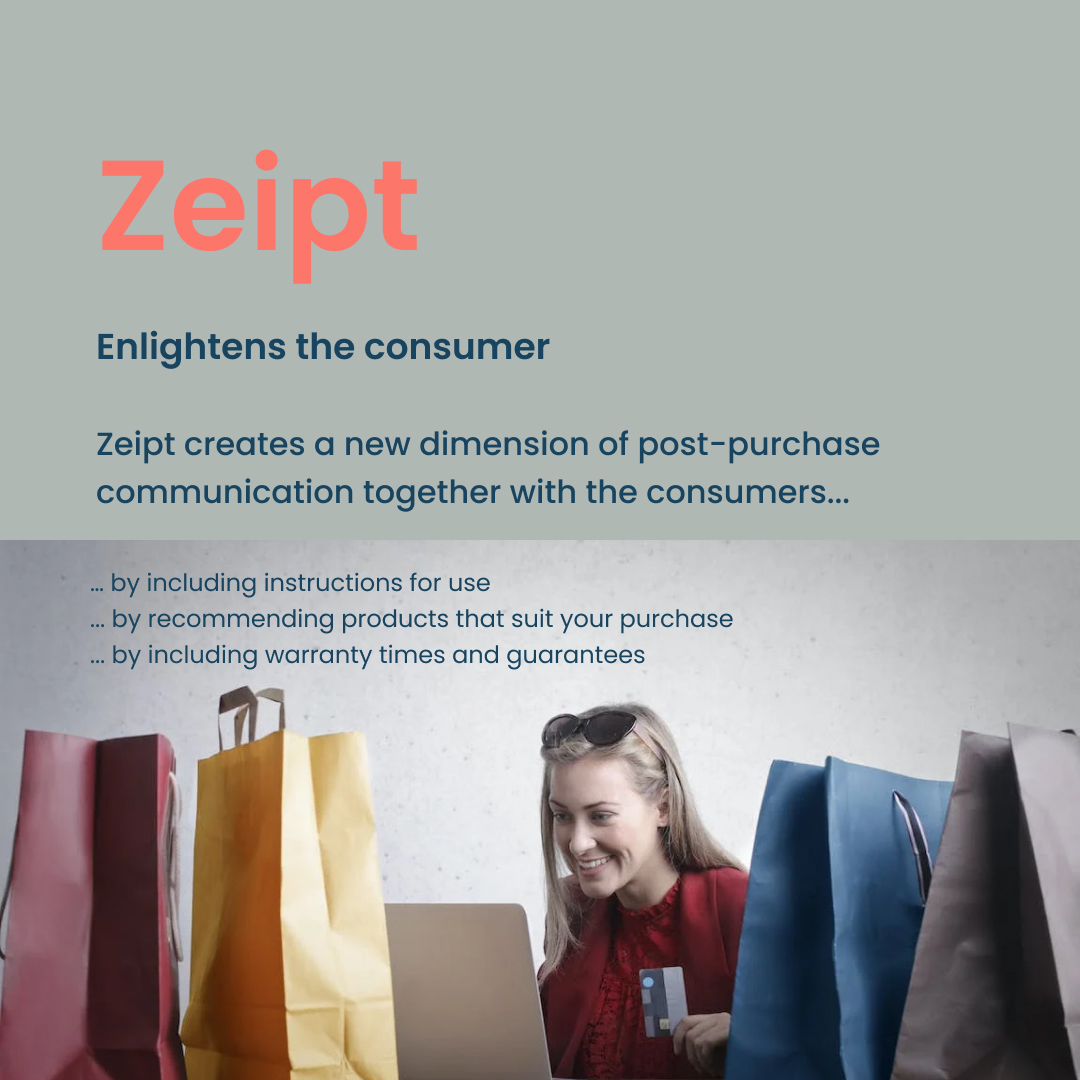 zeipt's tweet photo. Enlighten your consumer!
Zeipt creates a new dimension of post-purchase communication together with the consumers...
... by including instructions for use.
... by recommending products that suit your purchase.
... by including warranty times and guarantees.
#smartreceipts https://t.co/BbPiFI4F5S