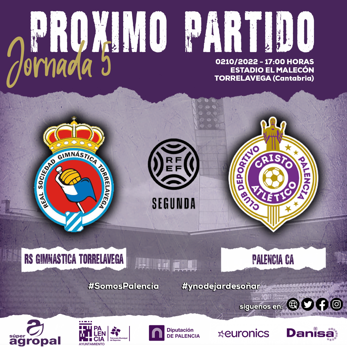 🟣 𝐂𝐎𝐌𝐏𝐄𝐓𝐈𝐂𝐈𝐎𝐍 | 𝐏𝐫𝐢𝐦𝐞𝐫 𝐞𝐪𝐮𝐢𝐩𝐨:

     ⚽️ 2ª RFEF - J5
     🆚 RS Gimnástica Torrelavega - <a href="/RSGimnastica/">RS Gimnástica de Torrelavega</a> 
      📅 02/10/2022
     🕕 17:00 horas
     🏟️ El Malecón (Torrelavega - Cantabria)
     🗺️ goo.gl/maps/JFG3h1g8Y…
      #⃣ #RSG_PCA #SomosPalencia