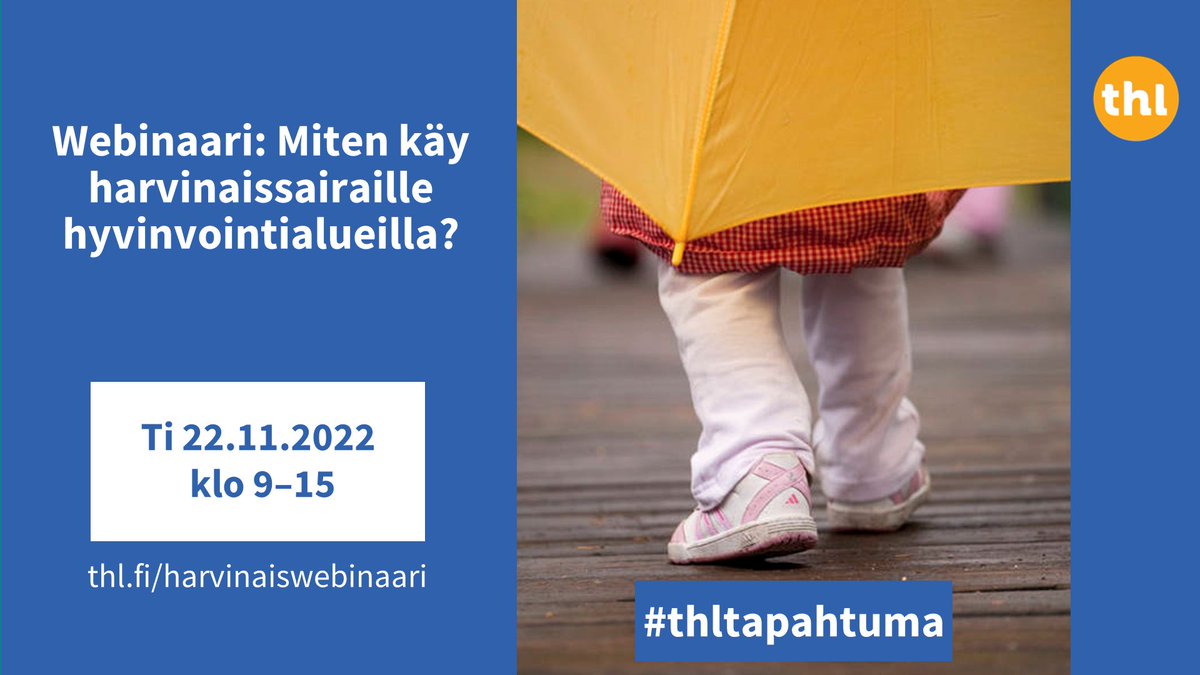 Harvinaissairauksien uutta kansallista strategiaa valmistellaan.
 
Marraskuun webinaari on suunnattu harvinaissairaille ja heidän läheisilleen, tulevien hyvinvointialueiden päättäjille, ammattilaisille sekä kaikille harvinaissairauksista kiinnostuneille. <a href="/THLorg/">THL</a> #sote