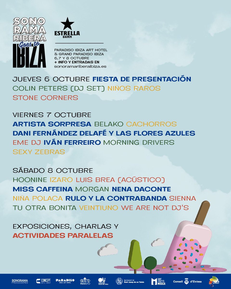 🌴 NOVEDADES #SonoramaRiberaIbiza 🌴

¡Ya tenemos el cartel por días!

👉 Las entradas de días sueltos y sin alojamiento, ya se pueden adquirir de manera online (35€ +gg) o física (35€) en sonoramariberaibiza.es o en los hoteles Paradiso Art Ibiza , GrandParadiso y Santos.
