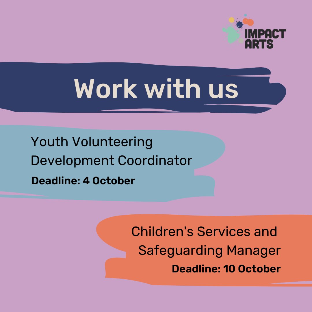 impact_arts's tweet photo. 📢 We're hiring!
✴️ a Volunteer Coordinator, to develop a new youth volunteering programme for Impact Arts
✴️ a Children's Services Manager, to lead a range of projects aimed at children, including our Art Therapy services
Find out more and apply 👇
https://t.co/jrHYgK1iaS https://t.co/BXbN9u3Pn6