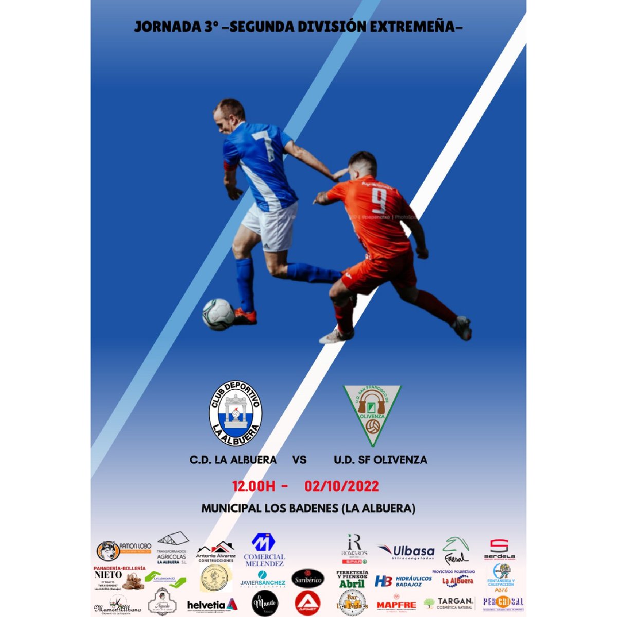 OFICIAL | 3° Jornada Segunda División Extremeña.
<a href="/cdlaalbuera/">CD La Albuera</a> - <a href="/UD_SanFrancisco/">U.D. San Francisco</a> 

📆02/10/2022

⌚12.00h

🏠Campo municipal “Los Badenes”

Ven a animar a tu equipo. El equipo te necesita en este nuevo comienzo. 
Con vosotros será todo mas fácil.
Te esperamos.
 #segundaextremeña