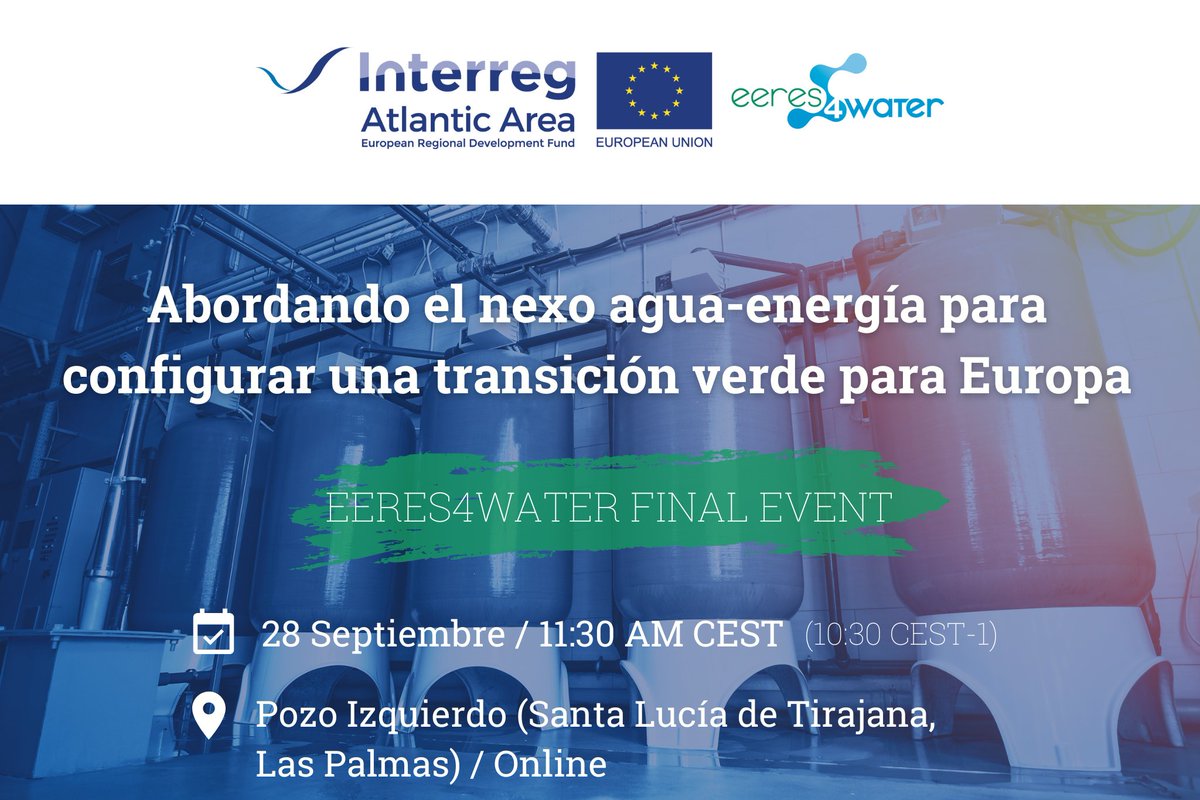 📣 LAST CALL!! 📣 
No te pierdas mañana <a href="/EERES4WATER/">EERES4WATER</a> final event: “Abordando el #nexo #aguaenergía para configurar unas #transición verde para #Europa” 💧

📆 28 septiembre | 11.30 
📍 Presencial / Online
👉🏻 cutt.ly/sVSJAEg