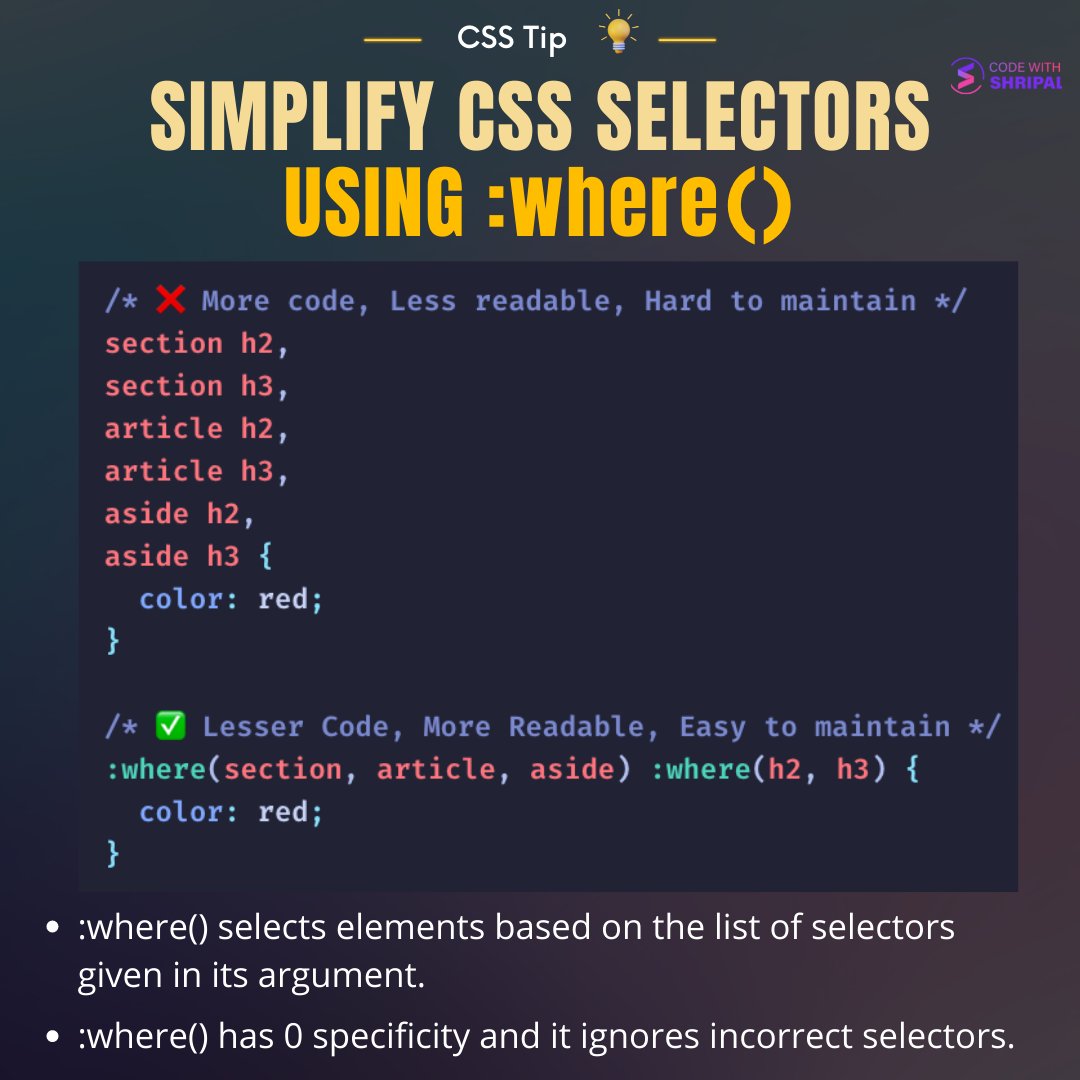 CSS Tip 💡

Simplify large CSS selectors using :where() pseudo-class function ⚡️