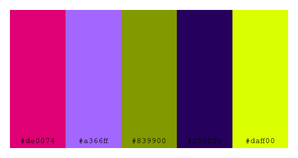 ColPaletteBot's tweet photo. Beep beep, here's a pretty color palette for you!
color-scheme.js parameters used:
- hue: 131
- variation: hard
- colors: #de0074, #a366ff, #839900, #25005c, #daff00
Have a lovely day!
#twitterbot #colorpalette #colors #palette #prettycolors https://t.co/bQOefGGw6A