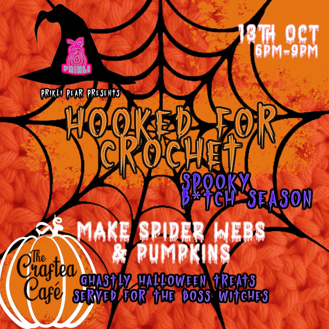 Prikli_Pear's tweet photo. It's Spooky B*tch Season! 🕸️👻As #Halloween approaches, all boss witches across #Lincolnshire will gather together to create crochet spider webs and mini pumpkins in a 3-hour crochet workshop with ghastly refreshments! Learn to crochet with fellow ladies. 
https://t.co/DC3rbHNI66 https://t.co/o9K49yqvbP
