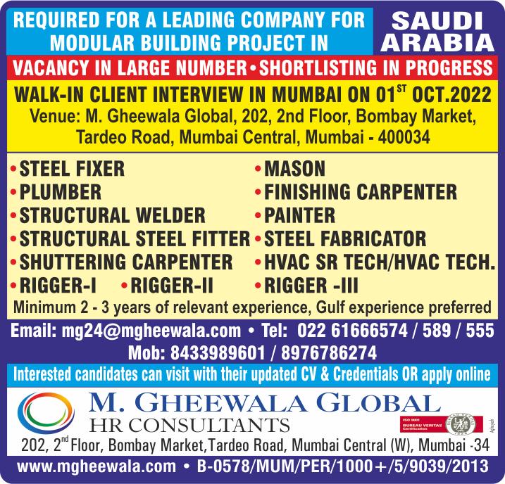 mgheewala_hrc's tweet photo. Job Vacancies for #SaudiArabia
Interested Candidates can send the updated resume to mg24@mgheewala.com
Learn More https://t.co/Ps4bxvjpD1
#saudijobs #steelfixer #shutteringcarpenter #welder #gulfexperience #hvactechnician #steelfabricator #painter #steelfitter #rigger https://t.co/ebieLKMuXF