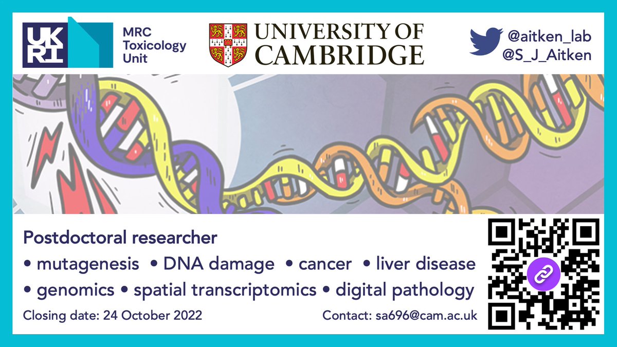 🧑🏾‍🔬We're looking for an ambitious, curious, smart, team-playing #postdoc to join @aitken_lab @MRC_TU @Cambridge_Uni 🧬DNA damage, mutagenesis, genome biology, (spatial) genomics 🌍New labs in central Cambridge 🗓Deadline: 24 Oct 2022 📩Apply: jobs.cam.ac.uk/job/37242 Please RT