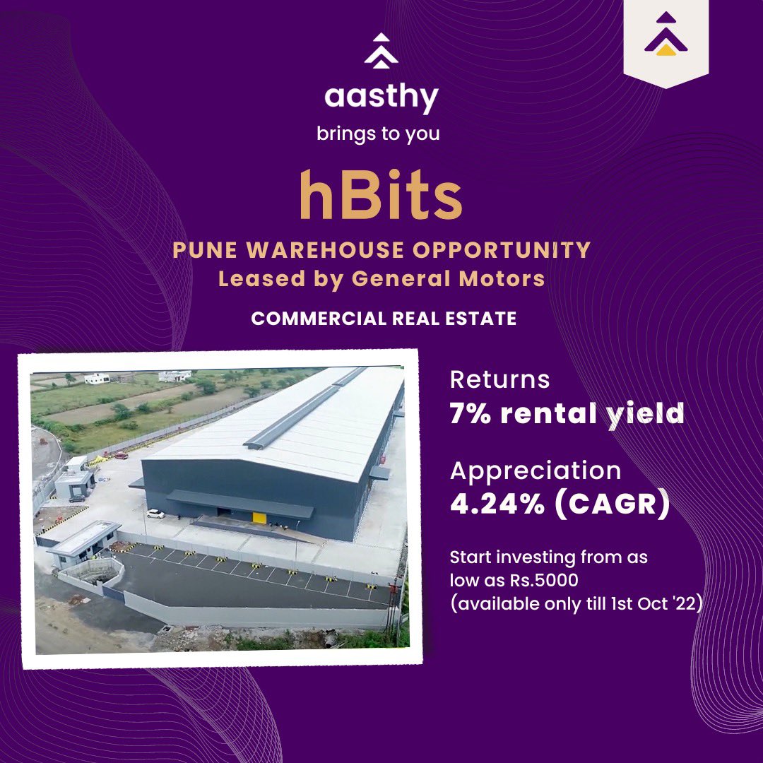 AasthyRE's tweet photo. Aasthy is excited to bring to you an hBits Pune Warehouse Opportunity, our first commercial offering💯

Invest in a Grade A warehouse facility leased out to General Motors, the world’s 4th largest automobile manufacturer &amp; located in the heart of the Talegaon warehousing belt 📈 https://t.co/zIDIjfeAdg