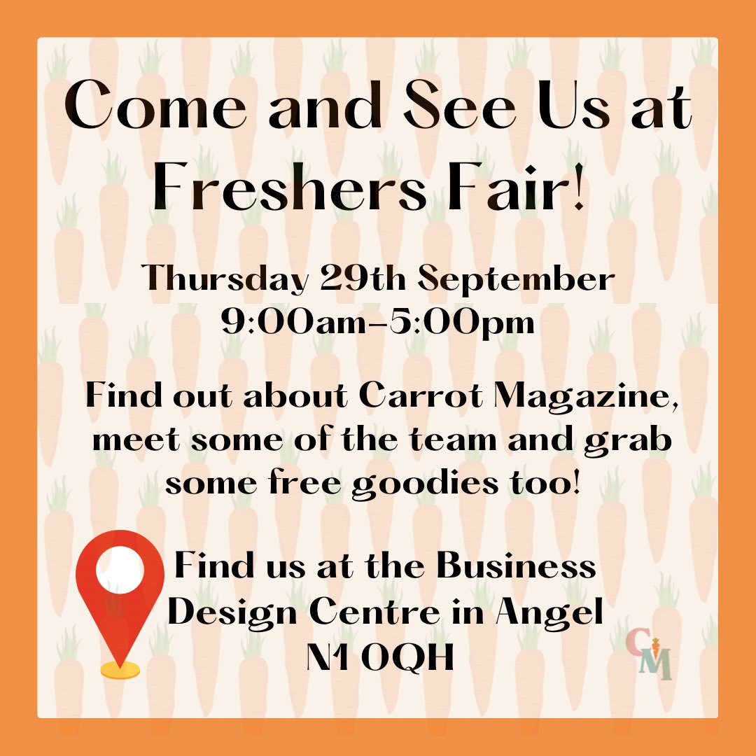 CityCarrot's tweet photo. Not long now until Freshers Fair!! We can’t wait to meet you and tell you all about Carrot 🥕 

P.S. There will be chocolate!🍫 https://t.co/7sHJ6AbACD